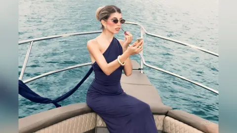 Elegant woman in a navy blue evening gown applying lipstick on a luxury yacht in the ocean.