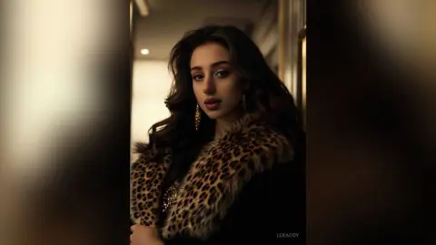 Elegant woman in a leopard print faux fur coat posing in a moody, dimly lit indoor setting.