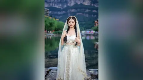 Ethereal woman in a white flowing traditional gown and veil standing by a serene mountain lake at dusk.