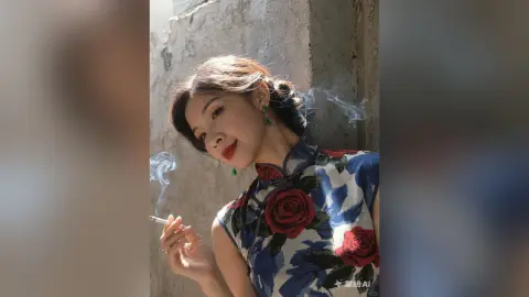 Elegant woman in a floral blue cheongsam smoking a cigarette against a rustic stone wall in soft sunlight.