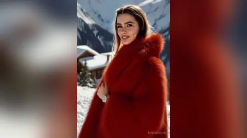 Elegant woman in a luxurious red faux fur coat posing in a snowy mountain landscape.