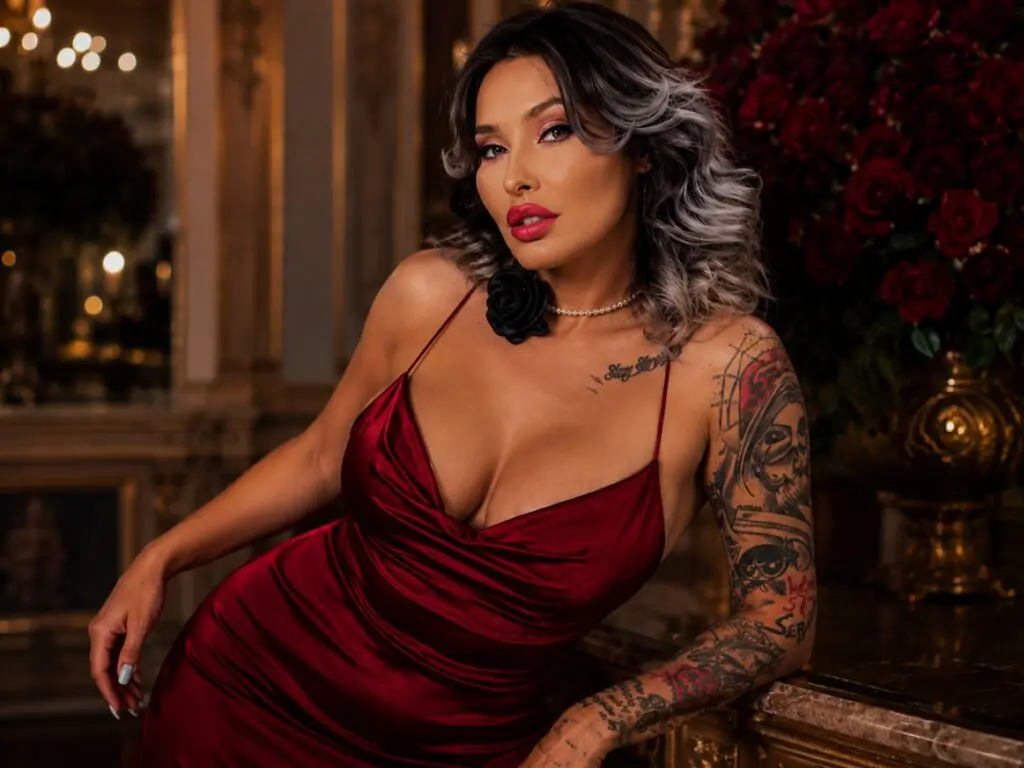 Glamorous woman in a red satin dress with tattoos posing in a luxurious, moody room with red roses.