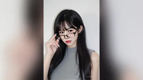 Young woman with long black hair and glasses wearing a grey sleeveless top in a minimalist studio setting.