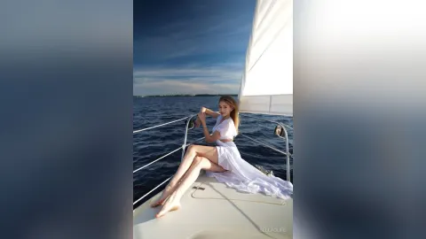 BellaClife — BellaClife sits on the deck of a sailboat in a white dress against the blue ocean.