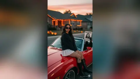 Stylish woman in black sweater and white skirt sitting on a red vintage convertible during a festive sunset.