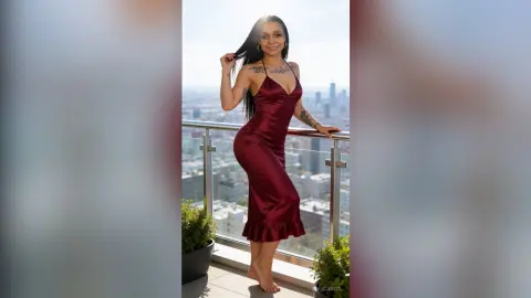 BiancaBell poses on a balcony wearing a tight, red satin slip dress, showing off her long dark hair and tattoos against a city skyline view.