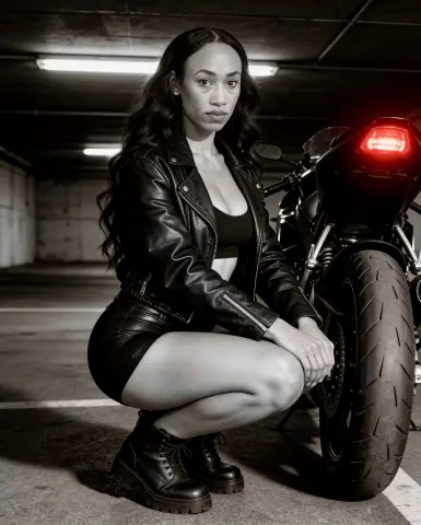 MistressJacksonMonroe poses in a black leather jacket and shorts while crouching next to a motorcycle in a dark garage.