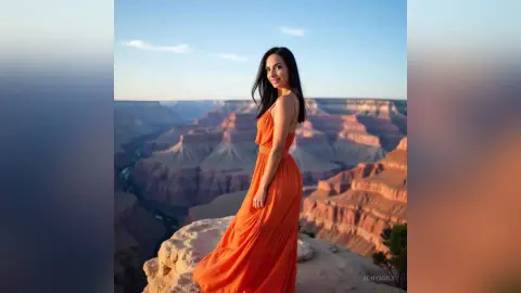 Woman in a long orange maxi dress standing on a Grand Canyon cliff overlooking the scenic desert landscape.