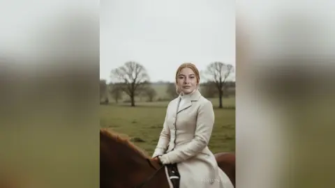 ShantayMayne wears a white button-up coat while sitting on a brown horse in a grassy field.