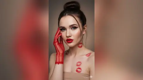 Glamorous woman with red lipstick and sheer red gloves posing with kiss marks on her neck in a studio setting.