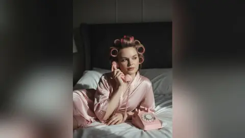 Young woman in pink silk pajamas talking on a vintage pink telephone in a moody bedroom setting.