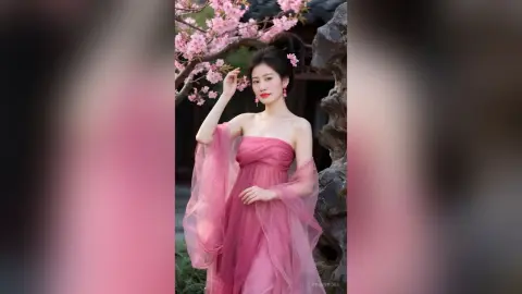 Elegant woman in a flowing pink strapless gown posing under blooming cherry blossoms in a serene garden.