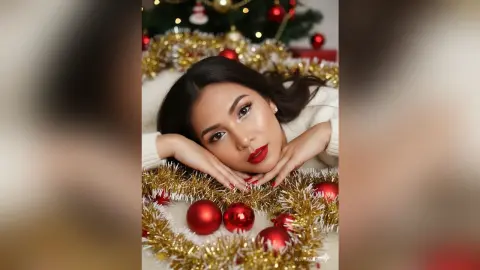 Smiling woman in a white sweater resting near gold and red Christmas ornaments for a festive holiday mood.