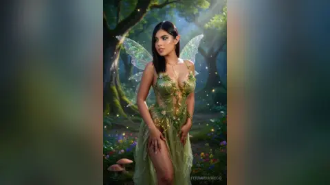 Ethereal fairy woman in a green floral gown with translucent wings in a magical, glowing forest setting.