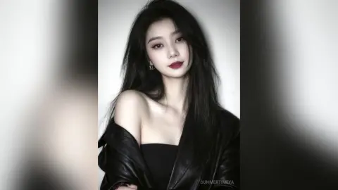 Elegant woman with long dark hair wearing a black strapless top and jacket in a moody studio portrait.