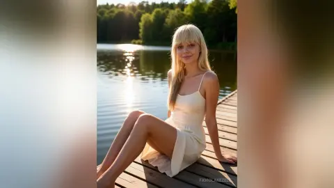 FaviolaKezele sits on a wooden pier by a lake wearing a white sundress.