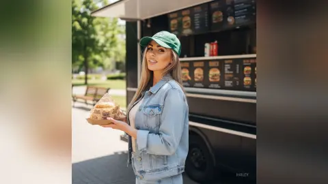 Hailey wears a green cap and a light denim jacket while holding a wrapped snack in a park setting.