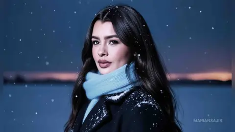 Beautiful woman in a black coat and light blue scarf posing in a dreamy snowy winter landscape.