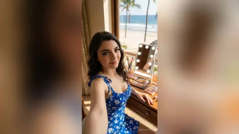 Smiling young woman in a blue floral sundress sitting by a bright window with a beach view.