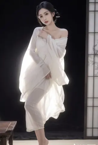 Elegant woman in flowing white traditional Hanfu dress posing gracefully in a minimalist studio setting.