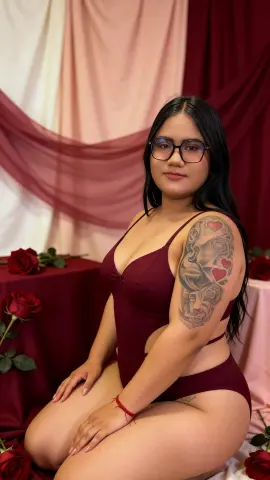 Lizzyolsen90 wears a maroon bodysuit and glasses while posing against a draped red and white backdrop.