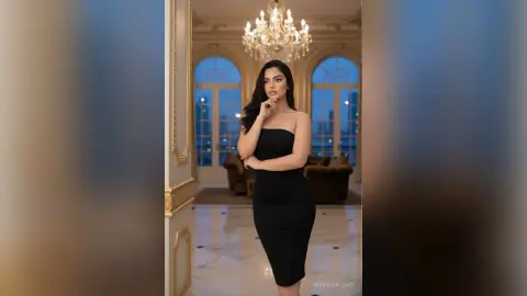 Elegant woman in a black strapless cocktail dress posing in a luxury ballroom with a crystal chandelier.