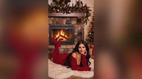 Smiling woman in a cozy red sweater relaxing on a white rug by a warm fireplace during Christmas.