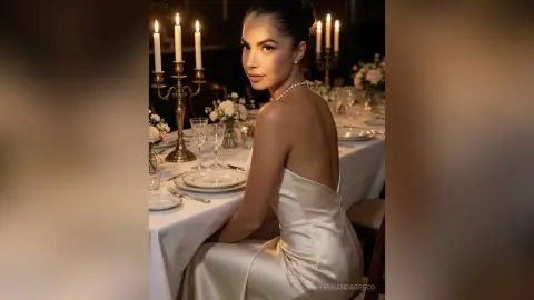 Elegant woman in a white satin gown sitting at a candlelit dinner table with floral arrangements.