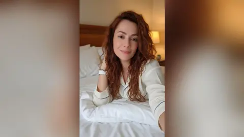 Smiling woman with wavy red hair in white pajamas relaxing on a bed in a cozy bedroom setting.