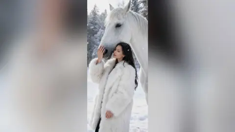 Woman in a white faux fur coat hugging a white horse in a dreamy snowy winter forest setting.