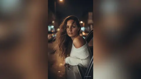 Moody portrait of a woman in a white knit sweater sitting in a car at night under city lights.