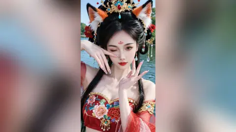 Beautiful woman in red floral hanfu and fox ears costume posing gracefully in a serene outdoor setting.