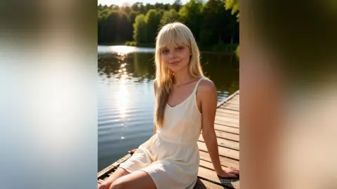 FaviolaKezele sits on a wooden dock wearing a white sundress with blonde hair and bangs.