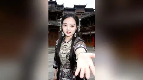 EnyaLin wears elaborate silver traditional jewelry and a patterned dark tunic while standing in a wooden courtyard.