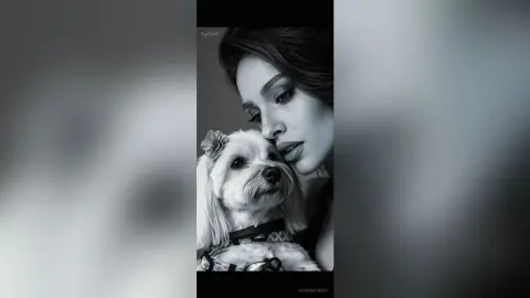 Black and white portrait of a beautiful woman smiling warmly while cuddling her small white fluffy dog.