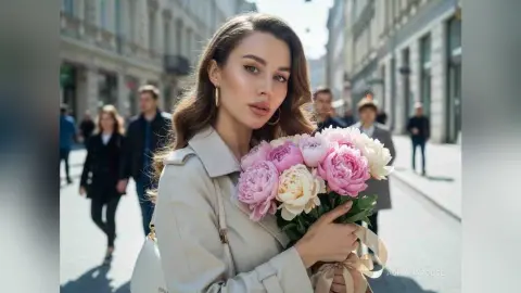 Elegant woman in a beige trench coat holding a large bouquet of pink peonies on a sunny city street.