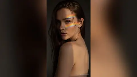 Moody portrait of a young woman with soft rainbow light flares on her face in a dark studio setting.