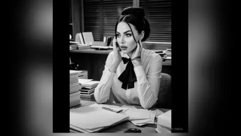 Elegant woman in a white blouse and black bow sitting at an office desk in a moody black and white portrait.