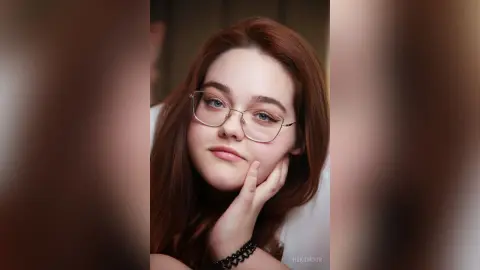 Smiling young woman with red hair and gold glasses posing in a soft, warm indoor setting.