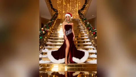 Elegant woman in a velvet red Santa dress posing on a festive staircase decorated with Christmas lights and ornaments.