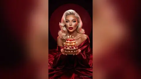 Glamorous blonde woman in a red satin dress holding a chocolate cake with lit candles against a dark red backdrop.