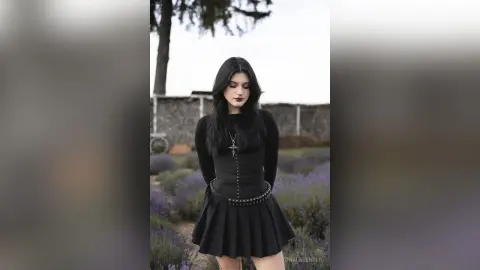 Moody portrait of a woman in a black gothic dress and cross necklace standing in a lavender field.