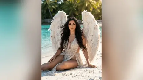Ethereal woman in a white feathered angel costume sitting on a tropical beach at sunset.