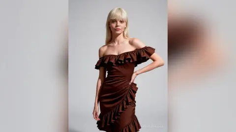 FaviolaKezele poses in a brown off-the-shoulder ruffled dress against a plain grey background.