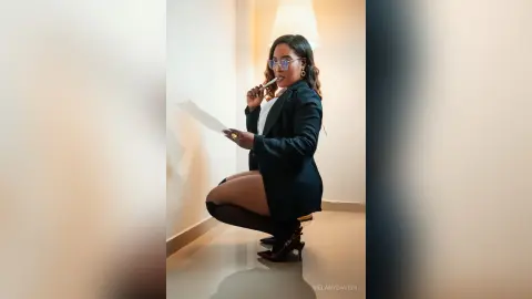 Confident professional woman in a black blazer and glasses holding documents in a bright modern office setting.