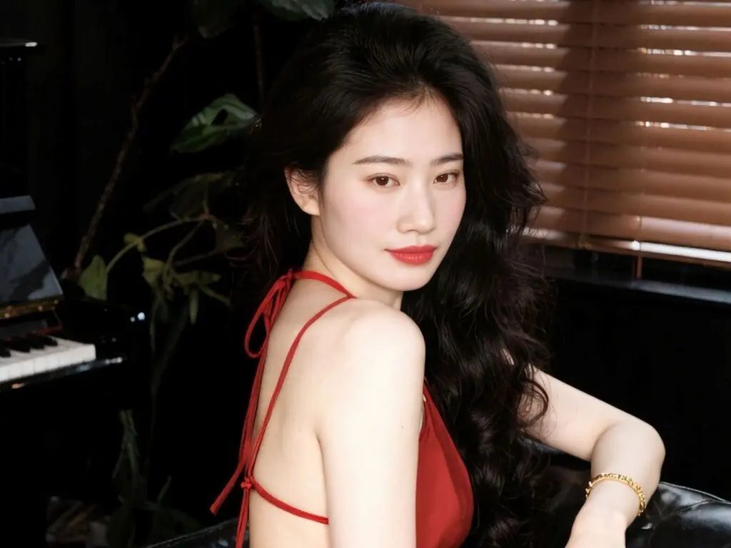 Elegant woman in a red halter dress sitting by a piano in a moody, dimly lit room.