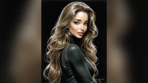 HanaRoss poses with long, wavy brown hair wearing a black turtleneck top against a dark background.
