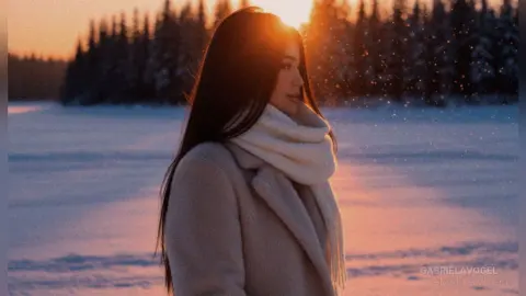 Woman in a white winter scarf and beige coat standing in a snowy landscape during a golden sunset.