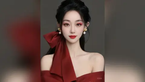 Elegant woman in a red off-the-shoulder gown and gold pearl earrings posing with a sophisticated mood.