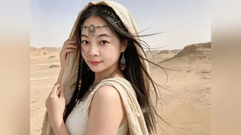 CelesteQi — CelesteQi wears a beige headscarf and silver headpiece while posing in a desert setting.